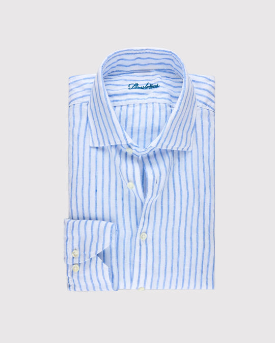 Regular Fit Stribet Skjorte Hør Blå