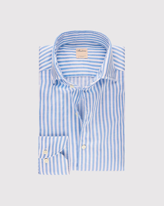 Slim Fit Stribet Hør Skjorte Blå