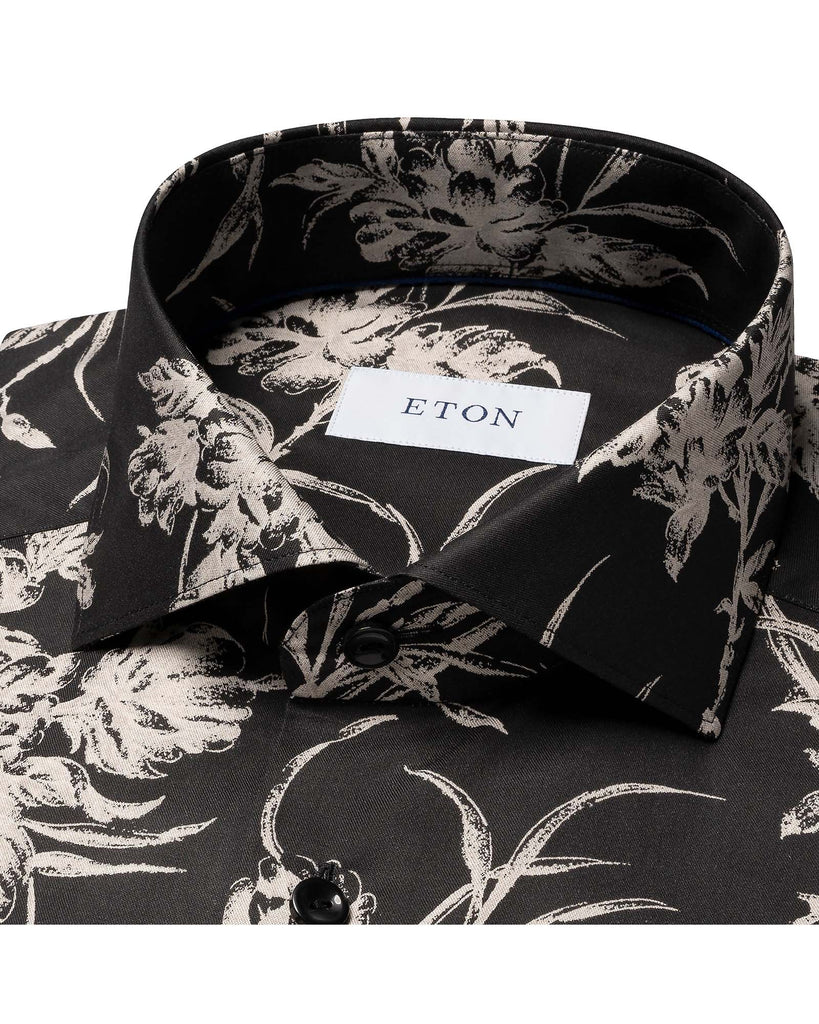 Slim Fit Floral Twill Skjorte Sort