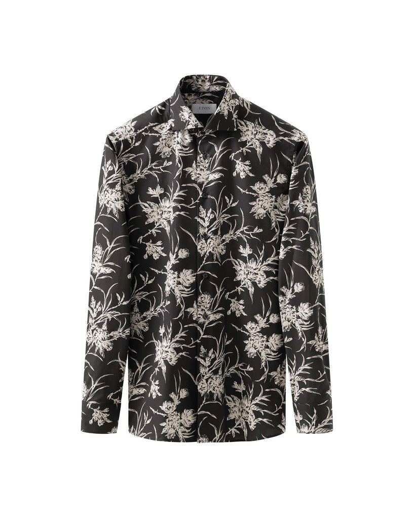 Slim Fit Floral Twill Skjorte Sort