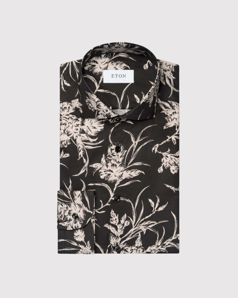 Slim Fit Floral Twill Skjorte Sort