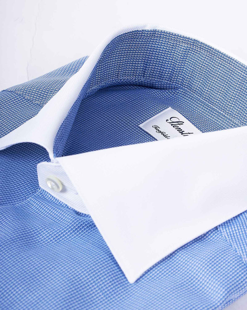 Slim Fit White Collar Structure Blå