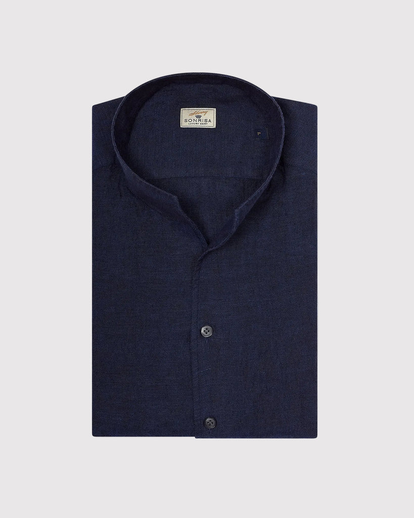 High Collar Linen Skjorte Blå