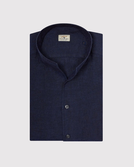 High Collar Linen Skjorte Blå