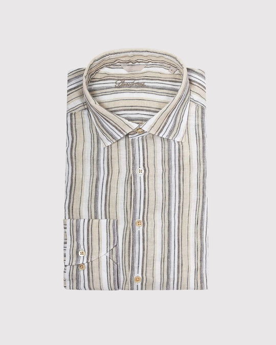 Regular Fit Stribet Hør Skjorte Brun