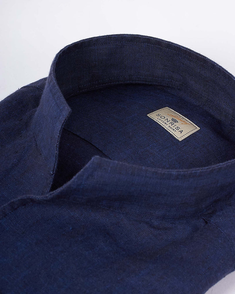 High Collar Linen Skjorte Blå