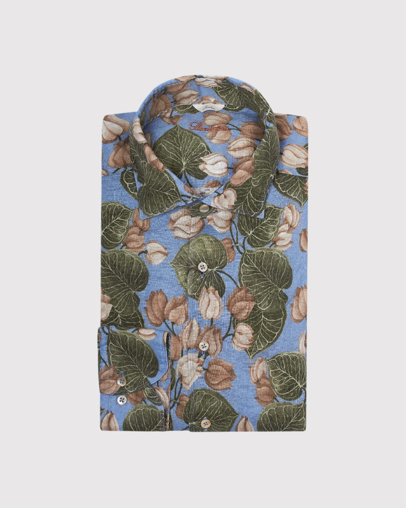 Slim Fit Linen Floral Skjorte Blå