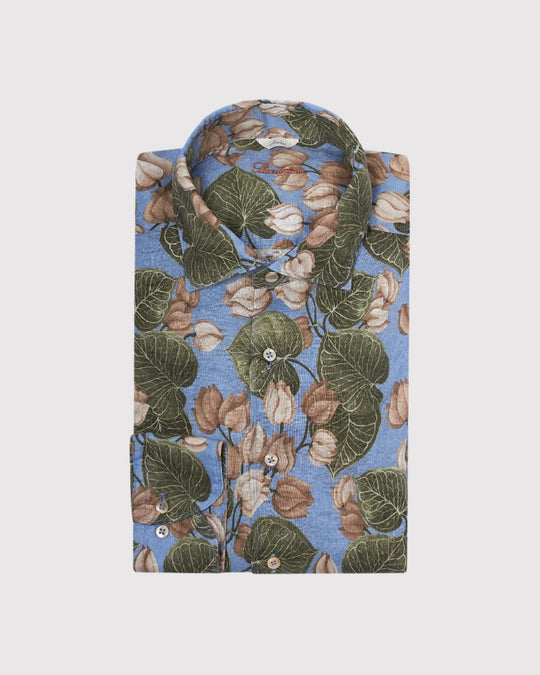 Slim Fit Linen Floral Skjorte Blå