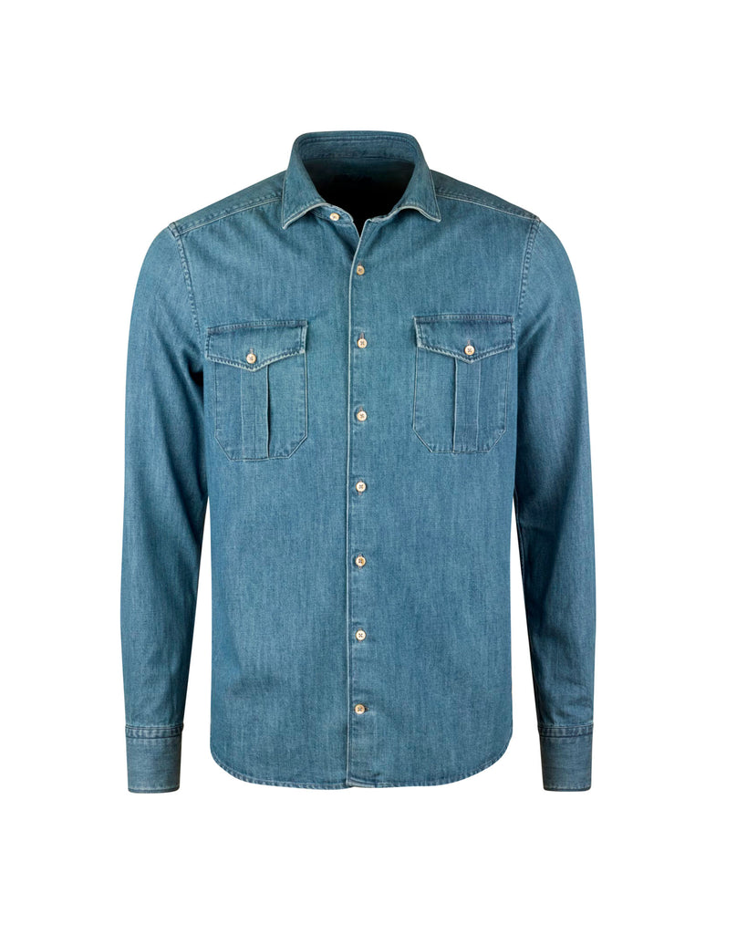 Regular Fit Pocket Denim Skjorte Blå