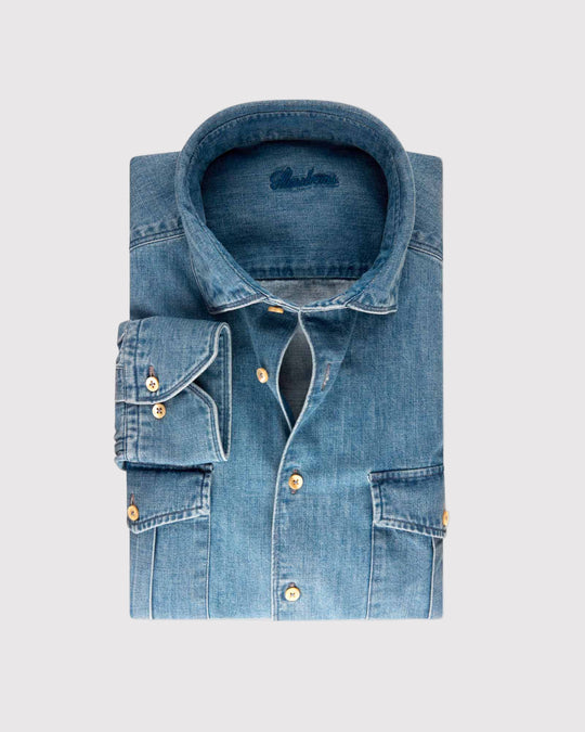 Regular Fit Pocket Denim Skjorte Blå