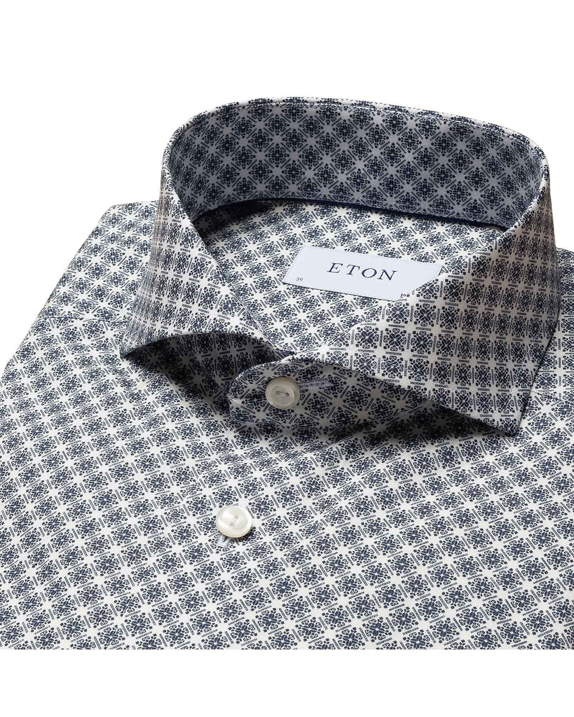 Slim Fit Mønstret Poplin Skjorte Blå